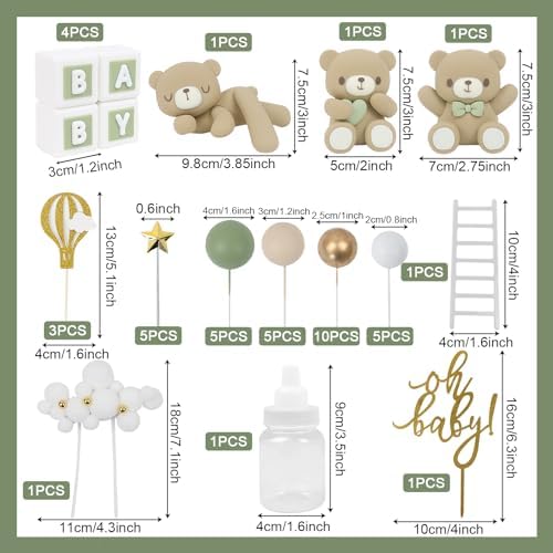 44 PCS Green Bear Cake Toppers - Mini 3D Bear BABY Letters Milk Bottle Green Gold Foam Balls Cake Toppers for Boy Girl Birthday Party Baby Shower Cake Decorations