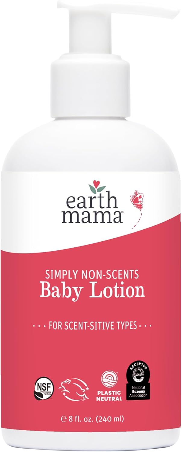 Earth Mama Simply Non-Scents Baby Lotion for Dry Skin, Calendula Cream for Newborn Skin Care, Organic Moisturizer for Children with Aloe Juice, Rooibos, & Shea Butter, Fragrance Free, 8-Fluid Ounce