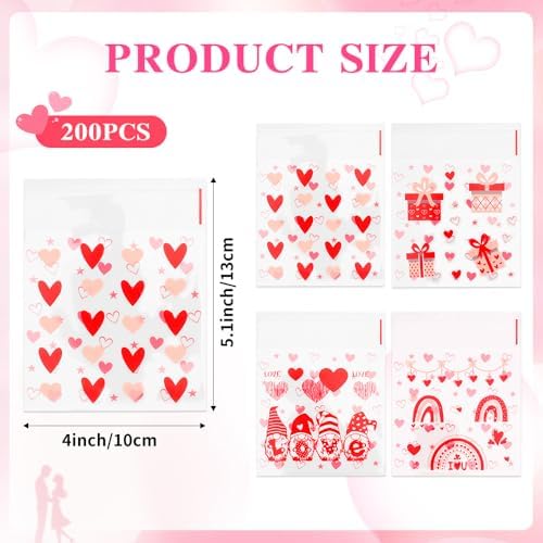 200Pcs Valentines Cellophane Treat bags, Valentine Day Goodie Cookie Candy Plastic Gift Bags with Seal, Self Adhesive Small Clear Snack Goody Bag for Valentine's Day Party Favors Supplies 4 x 5 Inches