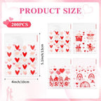 200Pcs Valentines Cellophane Treat bags, Valentine Day Goodie Cookie Candy Plastic Gift Bags with Seal, Self Adhesive Small Clear Snack Goody Bag for Valentine's Day Party Favors Supplies 4 x 5 Inches