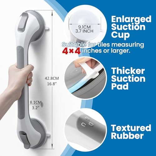 LEVERLOC Grab Bars for Bathtubs and Showers, Shower Handle 17 Inch Strong Suction Bath Handrails, Safety Grip for Bathroom Chair, Bathroom Grab Bar for Senior No Drilling Waterproof,Grey