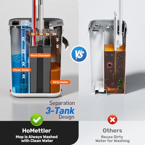 Mop and Bucket Set, 3-Tank Flat Mop and Bucket System for Separate Dirty & Clean Water, 65" Mops for Floor Cleaning with 4 Washable Pads, Safe for Hardwood, Vinyl, Tile, Baseboards, Walls