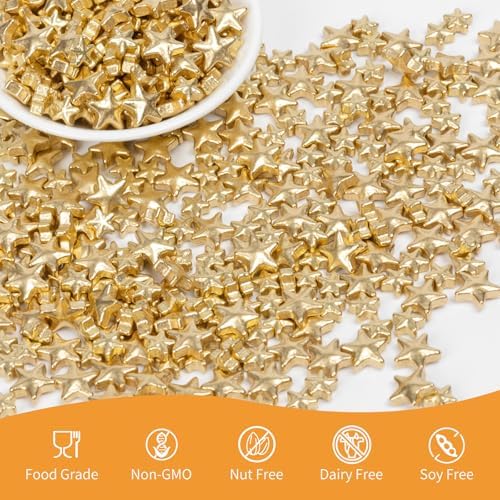Gold Star Sprinkles,130g,Edible Stars Sprinkle for Cake Decorating,Mix Size Sugar Baking Decorations Cupcake Toppers,Donuts,Cookie Ice Cream,Wedding Birthday Mother's Day Party Supplies