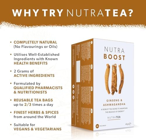 Nutra Tea NUTRABOOST - Energy Tea | Herbal Energy & Focus Tea - Help With Tiredness And Fatigue - Includes Green Tea, Ginseng & Ashwagandha - 20 Individually Wrapped Bags - Herbal Teas