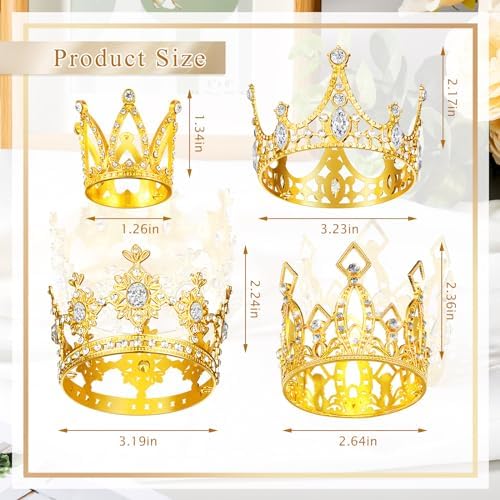 Jetec 4 Pcs Mini Crown Cake Topper Flower Bouquets Accessories, Metal Rhinestone Princess Tiara, Royal Decor for Baby Shower, Wedding, Birthday & Pets(Gold,Fresh Style)
