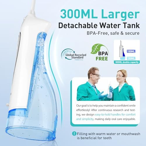 COSLUS Water Dental Flosser Teeth Pick C20: Portable Cordless Oral Irrigator 300ML Rechargeable Travel Irrigation Cleaner IPX7 Waterproof Electric Flossing Machine for Teeth Cleaning, White