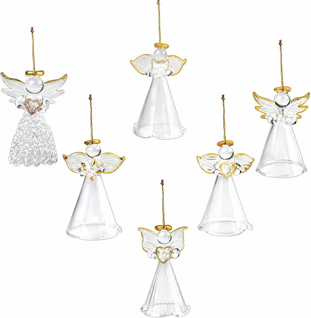 4E's Novelty Glass Angel Ornaments for Christmas Tree (Set of 12) - 2.5" Mini in 6 Unique Design, Crystal Spun Glass Angel Ornaments for Christmas Tree,