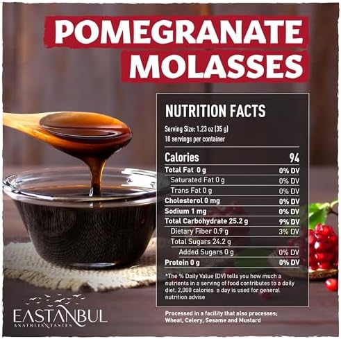 Eastanbul Pomegranate Molasses, 12.35oz, No Added Sugar, Mediterranean Pomegranate Syrup, Nar Eksisi Sweet and Sour Sauce, 100% Natural, Concentrate, Vegan Sauce, Paste, Salad Dressing, No Additives