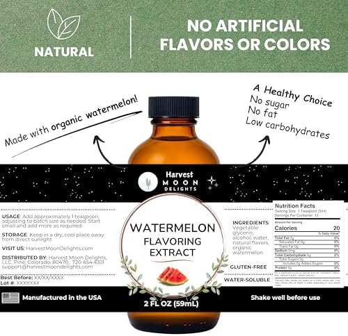 Natural Watermelon Extract for Baking, Ice Cream, Drinks and Candy - 2 Oz - Harvest Moon Delights - Watermelon Flavoring, Flavor