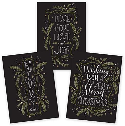 Canopy Street Christmas Pines Typography Cards / 24 Holiday Cards With White Envelopes / 5'' x 7'' Winter Greeting Cards / 3 Festive Designs With Inside Verses/Made In The USA