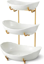 Ceramic Fruit Bowl for Kitchen Counter - 3 Tier Fruit Basket with Metal Stand, Tiered Fruit Stand for Countertop, Snack, Nuts, Cake, Dessert, Cute (Gold, Small) 1