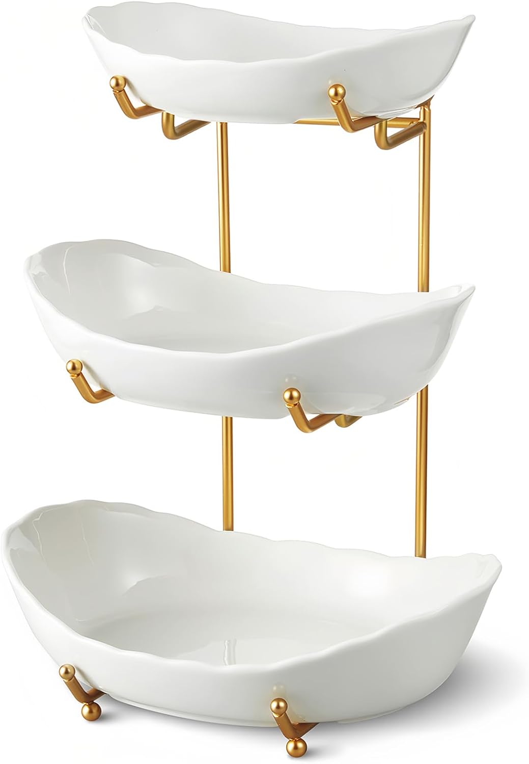 Ceramic Fruit Bowl for Kitchen Counter - 3 Tier Fruit Basket with Metal Stand, Tiered Fruit Stand for Countertop, Snack, Nuts, Cake, Dessert, Cute (Gold, Small) 1