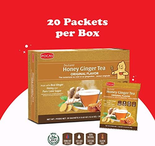 Pocas Honey Ginger Instant Tea Powder 2-Pack with Ginger Extract & Real Honey, Caffeine-Free Tea, 20 Packets per Box