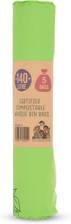 Eco Green Living 140L Wheelie Bin Liners, Compostable Plastic Free Strong & Durable Refuse Sacks for Wheelie Bins, Dustbins, and Household Waste, Tie Handle Garbage Bags - 5 Bags