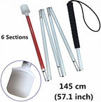 Aluminum Mobility Folding White Cane for Vision Impaired and Blind People (Folds Down 6 Sections) (145cm (57.1 inch), Black Handle)