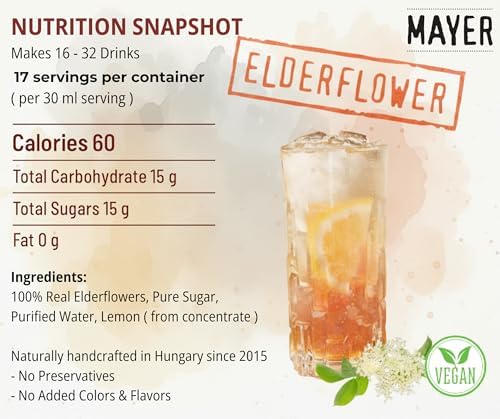 Mayer Elderflower Syrup ( Cordial ), Award - Winning, Only Real Elderflowers and 3 Natural Ingredients, Vegan, Gluten Free, Perfect for Cocktails, Lemonades, Coffee, Desserts - No Artificial Additives, Rich Authentic Flavor ( 1 Pack )