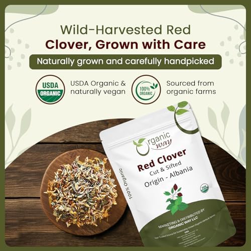 Organic Way Red Clover Flower Cut & Sifted (Trifolium Pratense) Herbal Tea | European Wild-Harvest | Organic & Kosher Certified | USDA Certified | Origin - Albania (1/4LBS / 4Oz)
