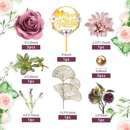 Flower Cake Toppers Happy Birthday Cake Toppers with Artificial Purple Rose Flowers Eucalyptu Leaves for Wedding Supplies (Purple)