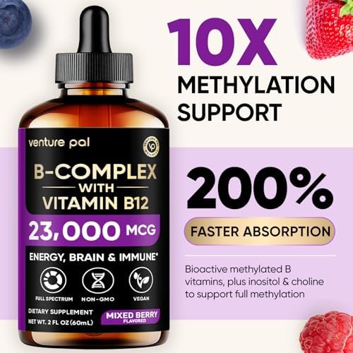 Venture Pal Vitamin B Complex Liquid Drops, B12 Methylcobalamin | B9 Folic | B1,B2,B3,B5,B6,B16 - Vitamin C, Choline, Inositol, Immune & Energy Metabolism, Brain & Heart Support