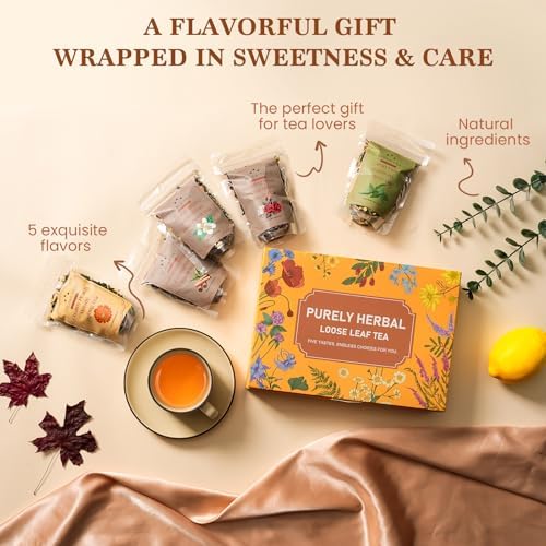 Loose Leaf Tea Sampler Assorted Flavored Tea Gift Set – 5 Natural Blends Relieving Stress & Great Gift For Tea Lovers- Herbal Tea Bags for Freshness, Up to 80 Cups