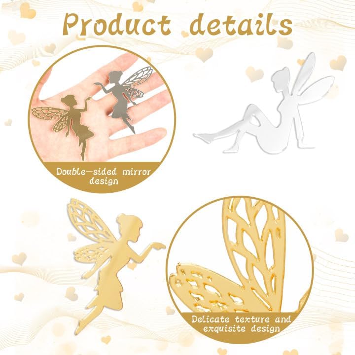 12 PCS Fairy Cake Topper Acrylic Fairy Cake Decorations DIY Mirror Birthday Party Decorations Cupcake Toppers for Flower Decor Birthday Party Garden (Gold & Silver) Back to School