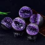 Amethyst Druzy Geode Gemstone Ball with Resin Stand Crystal Sphere Ball for Witchcraft Divination Home Office Decor,55-60mm