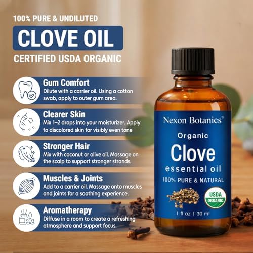 Organic Clove Essential Oil 30 ml - Pure, Natural, Undiluted for Toothache, Sore Muscles, Skin & Hair Care - Soothing Clove Bud Essential Oil - Nexon Botanics