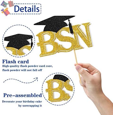 BSN Graduation Cake Topper - Congrats BSN RN Cake Supplies - Nurse Gard Graduation Party Decorations - Gold Glitter