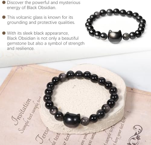 Attraction Cat Bracelet Crystal Black Cat Bracelet Black Obsidian Women Bracelets Natural Stone Beaded Bracelets Cute Protection Stretch Jewelry Good Luck Jewelry for Women Men