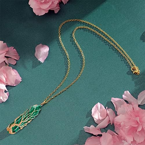 VIBILIA Healing Crystal Necklace Tree of Life Wire Wrapped Natural Stone Point Pendant Necklace Hexagonal Reiki Spiritual Quartz Gemstone Jewelry for Women Men