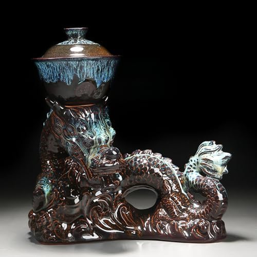 Chinese Gongfu Tea Set - Ceramic Teapot with Infuser, 8 Cups, Semi Automatic Dragon Design for Loose Leaf Tea