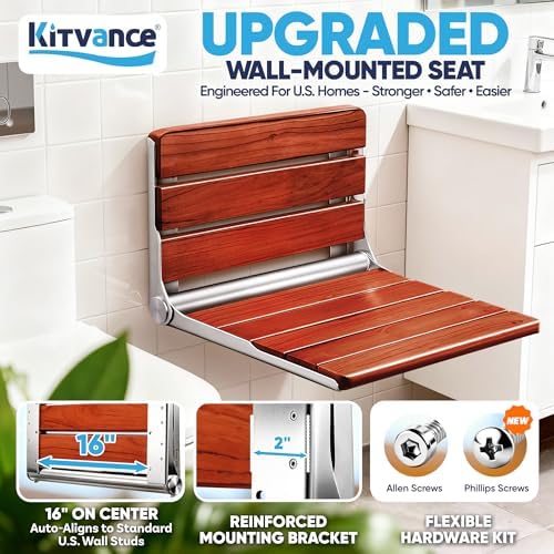 [Upgraded Version] 20" ADA Compliant Folding Teak Shower Seat Wall Mounted - Larger Teak Shower Bench, Home Care Folding Shower Seat for Inside Shower, Wall Mount Shower Chair Shower Stool, Max 400lb