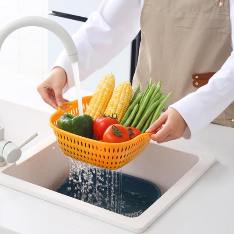 Kitchen Draining Basket Set 6Pcs Double-Layer Fruit Washing Basin and Vegetable Holder Stackable Colanders over Sink Drainer 10.23X9.44X3.93In