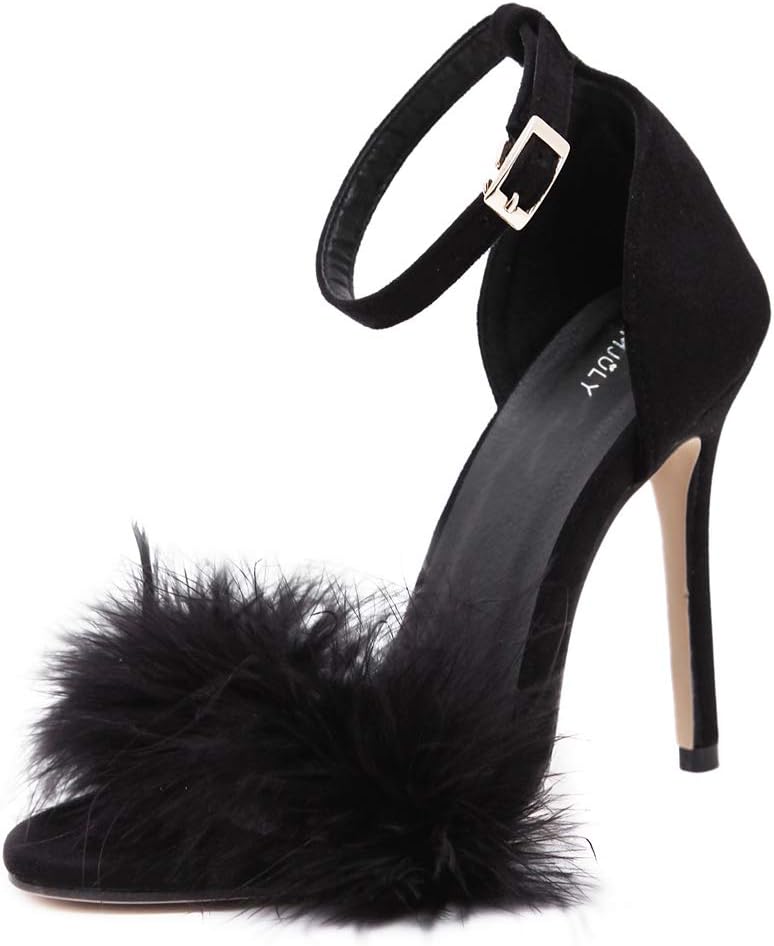 MMJULY Women's Open Toe Ankle Strap Fluffy Feather Stiletto High Heel Dress Sandal
