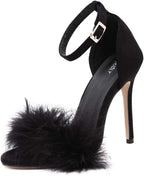 MMJULY Women's Open Toe Ankle Strap Fluffy Feather Stiletto High Heel Dress Sandal