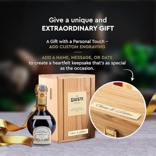 Giusti Custom-Engraved Traditional Aged Balsamic Vinegar of Modena DOP - 25 Years, Extravecchio Aceto Balsamico with Wooden Box & Personalized Golden Plate -Made in Italy Gift Set - 3.4 fl oz (100 ml)
