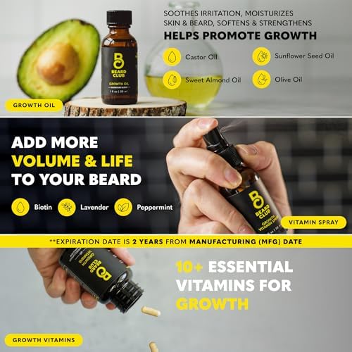 The Beard Club Ultimate Beard Growth Kit - Derma Roller, Growth Oil, Vitamins, Vitamin Spray, Biotin Balm, Conditioner, Cream, Balms, Shampoo, Razor, Scissors, Combs, Brush, Cleansing Spray - Gift Set