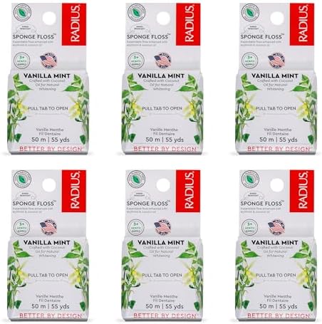 Radius Vanilla Mint Dental Floss 55 Yards Vegan & Non-Toxic Oral Care Boost & Designed to Help Fight Plaque Clear - Pack of 6