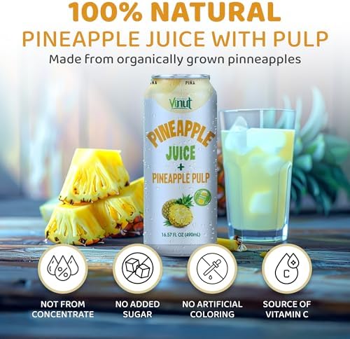 Vinut Natural Pineapple Juice Drink with Pulp, (16.57 fl oz, Pack of 12) Real Pineapple Juice, No Sugar Added, Gluten Free, GMO-Free