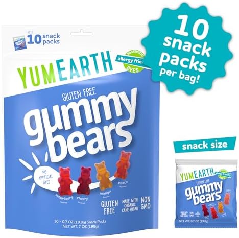YumEarth Organic Fruit Flavored Gummy Bears, 10- .7oz. Snack Packs, Allergy Friendly, Gluten Free, Non-GMO, Dye Free