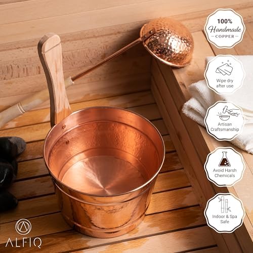 Hammered Copper Sauna Bucket & Ladle Set - Handcrafted Pure Copper Turkish Hammam Spa Accessory, Traditional Sauna Water Bucket with Wooden Handle, Polished Finish, Durable Artisan Design