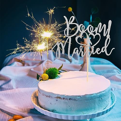 BOOM! Married Wedding Cake Topper, Funny Cake Topper, Quirky, Nerdy Topper, Married Bridal Shower, Engagement Wedding Party Supplies - Silver Glitter