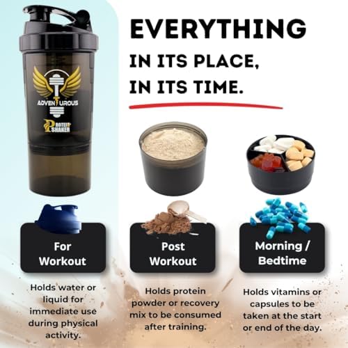 Protein Shaker Bottle with Storage for Powder & Pills – Leak-Proof, BPA-Free, Adventurous Smooth Mixing Shaker Cup for Protein Shakes, 16 oz, Black