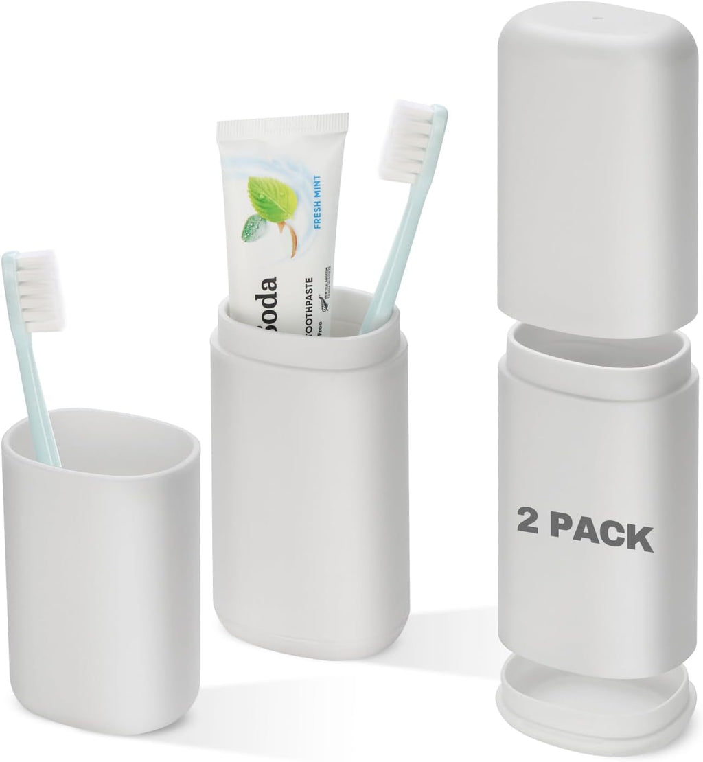 Travel Toothbrush and Toothpaste Case, 2 in 1 Gray Toothbrush Holder and Rinse Cup, Large Capacity Toothbrush Cup with Cover, Portable Toothbrush Holder for Traveling, Camping, Trip - 2PCS
