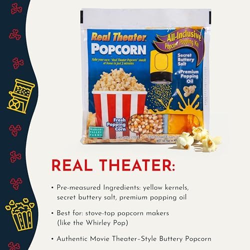 Wabash Valley Farms Real Theatre Popcorn Packs — Gourmet Kernel Kit for Popcorn Machines, Stovetop Poppers, and At-Home Movie Night Snacking — Perfect for Use with The Original Whirley Pop — 5 Pack
