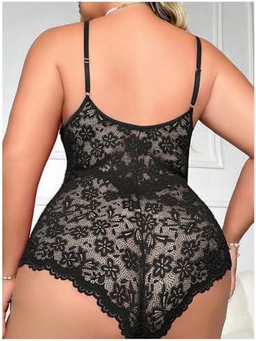 Milumia Plus Size Sexy Lingerie for Women Floral Lace Bodysuits with Chain Rhinestone Cut Out One Piece Nightgown Sleepwear