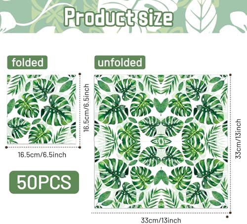 Pack of 50, Tropical Jungle Leaf Napkins, Green Monstera Palm Leaf Design Disposable Paper Napkins for Hawaiian Luau Party, Safari Birthday, Beach Wedding, Summer Party Supplies, 13x13 Inches Unfolded