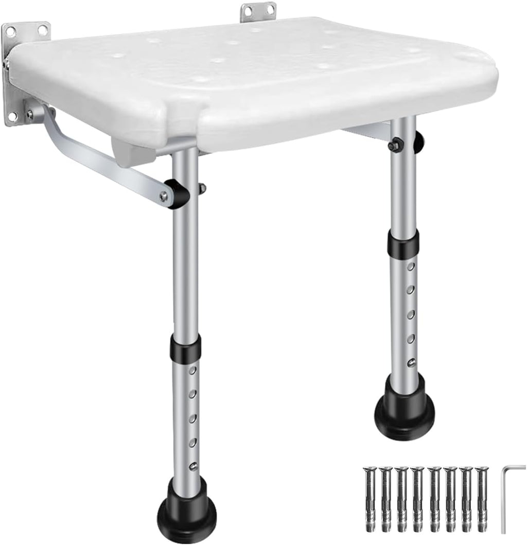 Folding Shower Seat, Height-Adjustable Wall-Mounted Bathroom Safety Stool with Non-Slip Support Legs and Shower Head Slot for Elderly Senior,Handicap,Pregnant Woman
