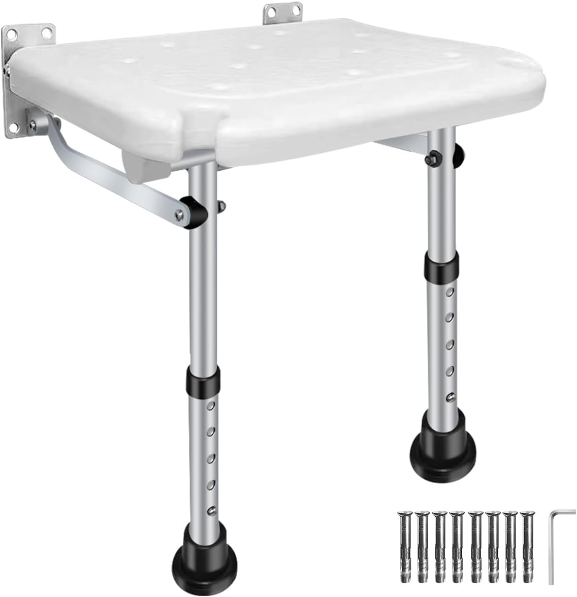 Folding Shower Seat, Height-Adjustable Wall-Mounted Bathroom Safety Stool with Non-Slip Support Legs and Shower Head Slot for Elderly Senior,Handicap,Pregnant Woman