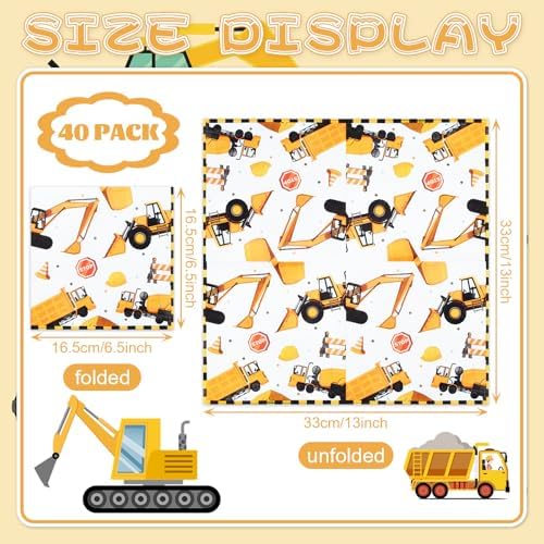 40 Pack Construction Party Paper Napkins – 13 x 13 Inches Disposable Napkins with Excavator, Dump Truck, Cement Mixer, and Traffic Sign Designs for Birthday Parties and Construction-Themed Events